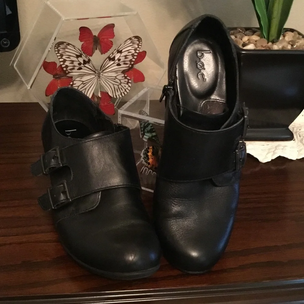 b.o.c. Black Leather Ankle Booties with Buckle Straps